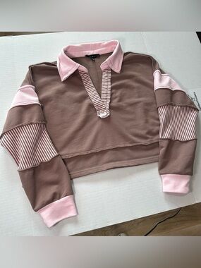 Blue Blush Cropped Rugby Pullover in Mauve Brown and Soft Pink
